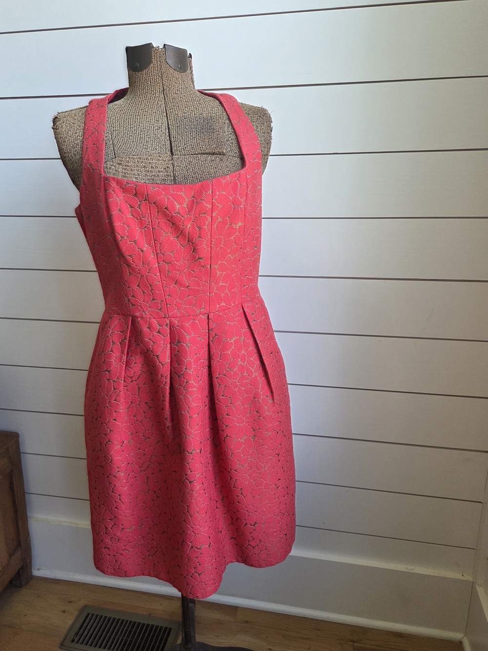 Shoshanna Coral Pink Jacquard Square-Neck Fit & Flare Dress